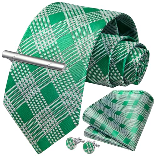 Image of HISDERN Plaid Ties for Men Classic Checkered Tie and Pocket Square Cufflinks Tie Clip Set Woven Men's Necktie Business