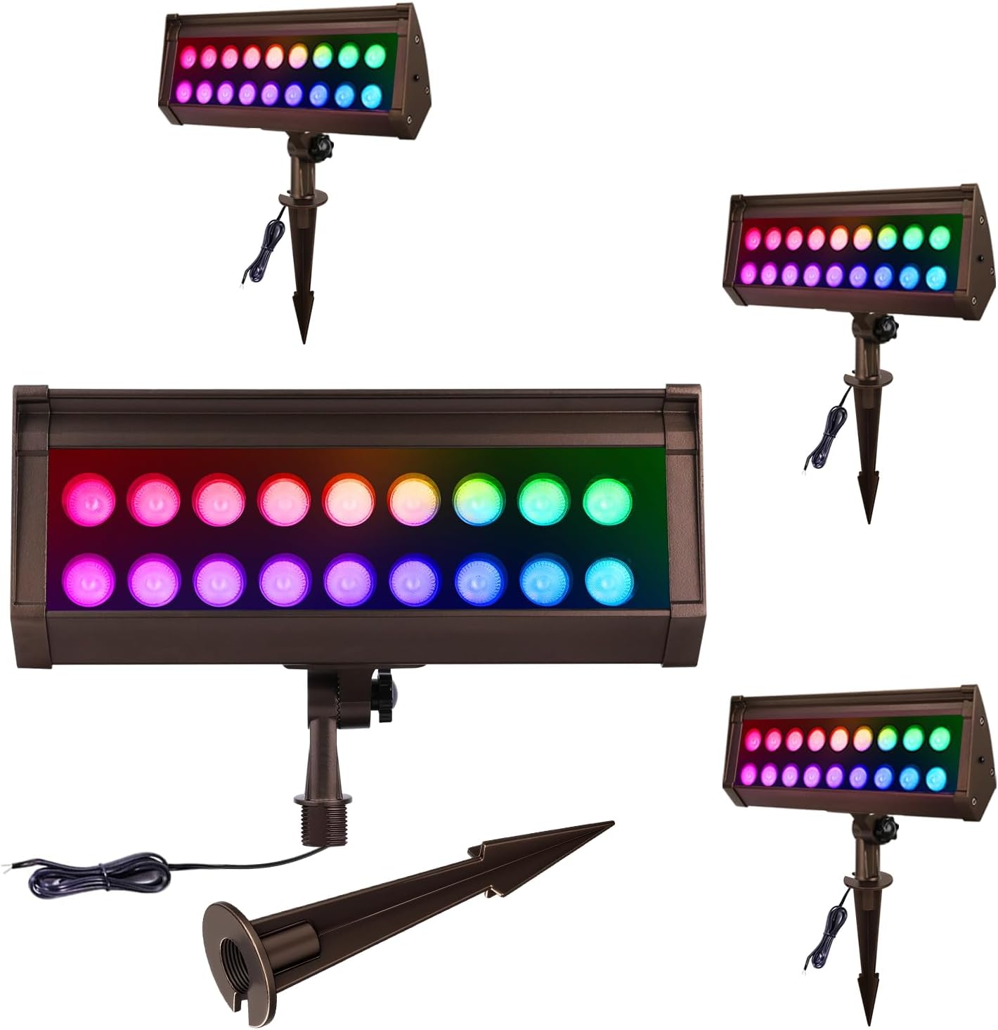 RGB Flood Lights Outdoor, 12V 9W LED Wired RGB Color Changing Low Voltage Landscape Flood Lighting for Outdoor Wall Washer House Uplight Tree, 1/2" NPT Threaded with Stake, Bronze, ETL, 4PK