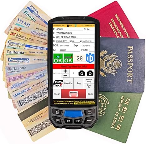 IDVisor Smart Plus ID Scanner - Drivers License and Passport Age Verification & Customer Management - Extra Large 5" LCD Screen, Charger Cradle, Hand Strap & More