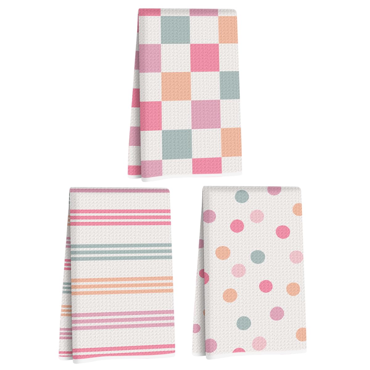 3 Pcs Colorful Pastel Stripe Kitchen Towels, Polka Dot Plaid Dish Towel