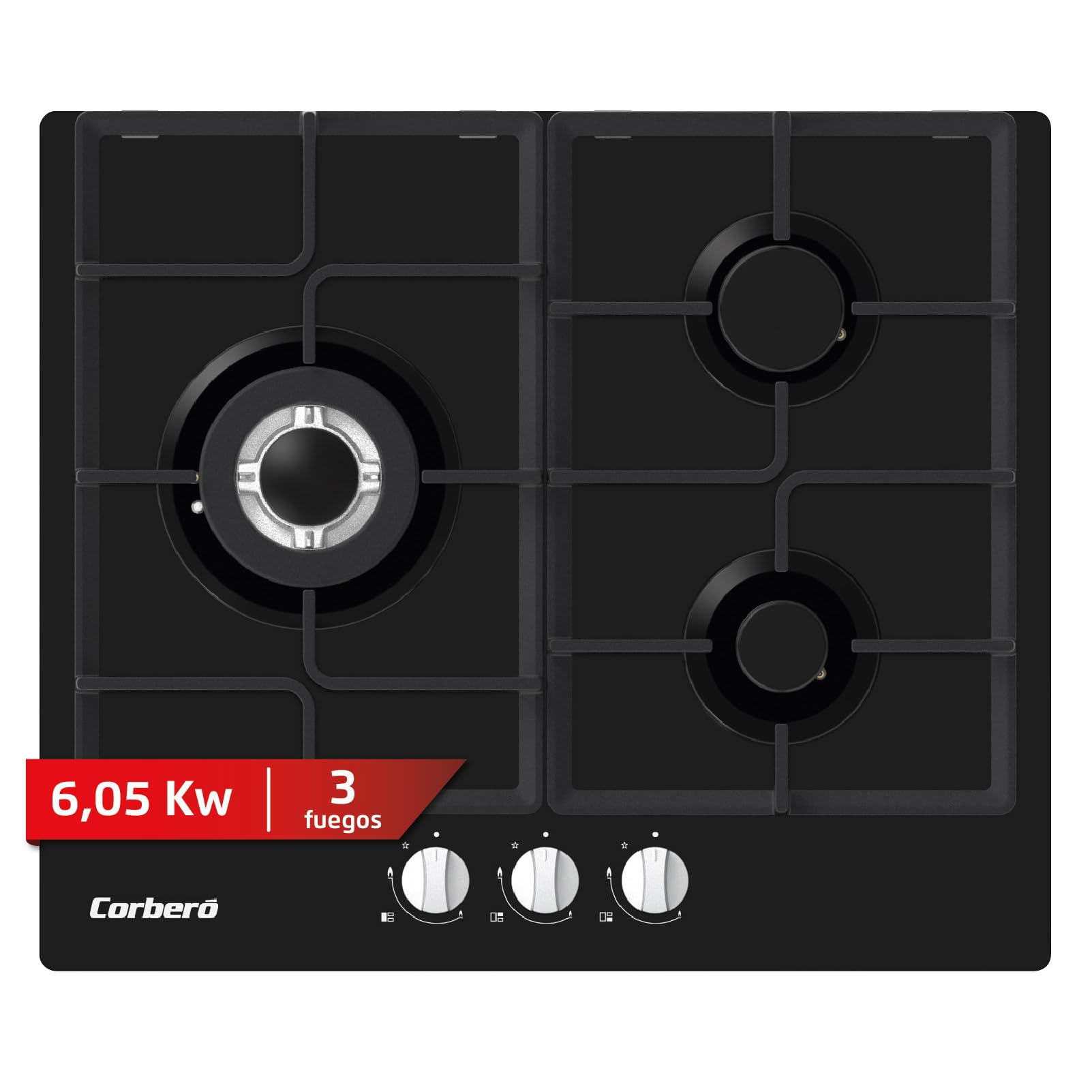 Corberó - Plaque gaz butane 60 cm| CPCGM3F3126N | Puissance 6,05 kW | 3 zones | Zone Wok | Auto-allumage | Couche de protection Clean+ | Arrêt automatique | Verre noir