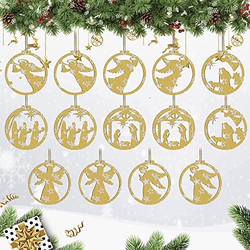 Lot de 14 décorations de Noël en bois pour sapin de Noël, décoration d'arbre de Noël - Jésus, ange, chrétien, décoration religieuse pour sapin de Noël, intérieur et extérieur Cover