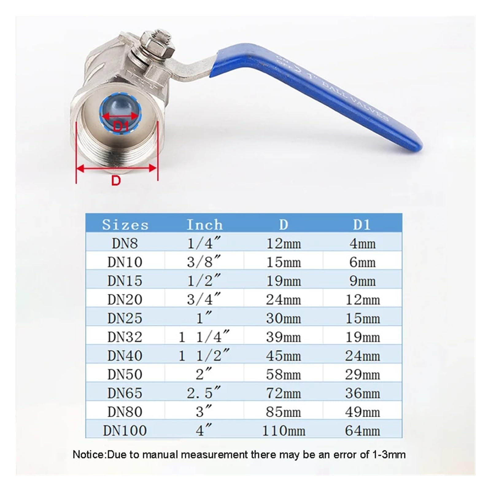 Válvula de bola una pieza acero inoxidable 304 1/2", 3/4", 1", 2", 2,5" y 3", con rosca hembra, for agua tuberías Adecuado para baños y aseos(DN50)
