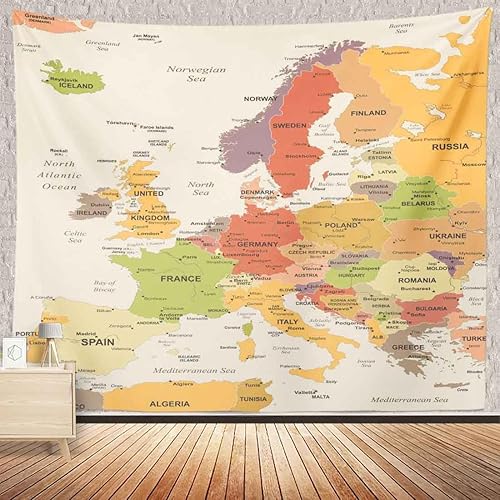 BULOR Tapiz de mapa de Europa para colgar en la pared, diseño de mapa, europeo, vintage, con países, ciudades, para niños, dormitorio, sala de