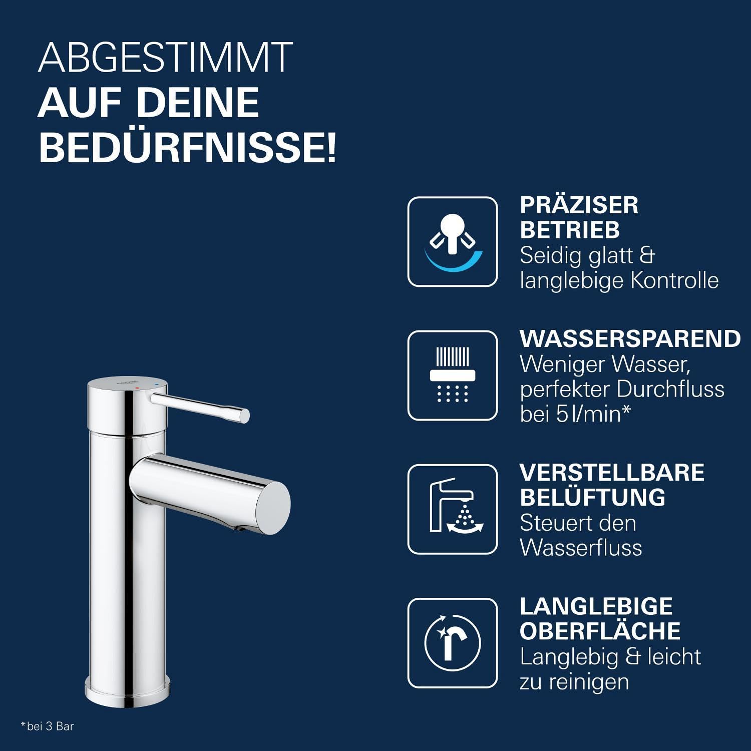 GROHE Essence, Waschtischarmatur, wassersparend (Wasserhahn für das Bad, 17cm hoch, Badarmatur mit langlebiger Oberfläche, einfache Installation am Waschbecken), chrom, 34294001