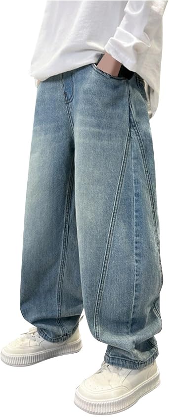 Boys Jeans Baggy Casual Classic Straight Wide Leg Denim Pants 2026 Spring Trendy Elastic High Waisted Preppy Trousers