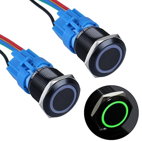 DMWD 2 interruptores de botón momentáneos de 0.786 pulgadas, 12 V-24 V, 1NO 1NC (ENCENDIDO), botón de carcasa de metal negro, impermeable, IP66,