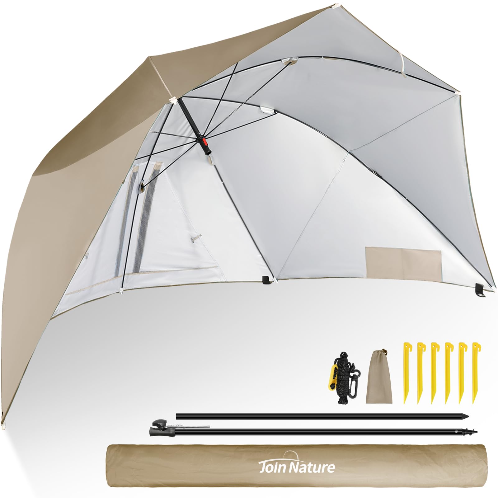 Join Nature Sonnenschirm Strand & Strandmuschel 2 in 1 Strandschirm Umschaltbar Ø 270cm Sonnenschirm Groß mit Fenster - Windschutz Strand, Regendicht, UV50+ Sonnenschutz für 2-3 Personen (Grün)