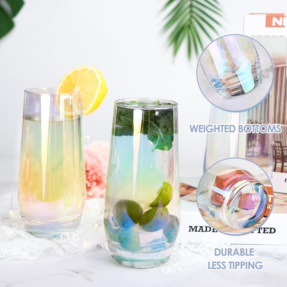 Vasos Highball coloridos, juego de 4 cristalería iridiscente de 18.5 onzas sin plomo para bebidas mixtas, jugo, cóctel, paquete de regalo (coloridos)
