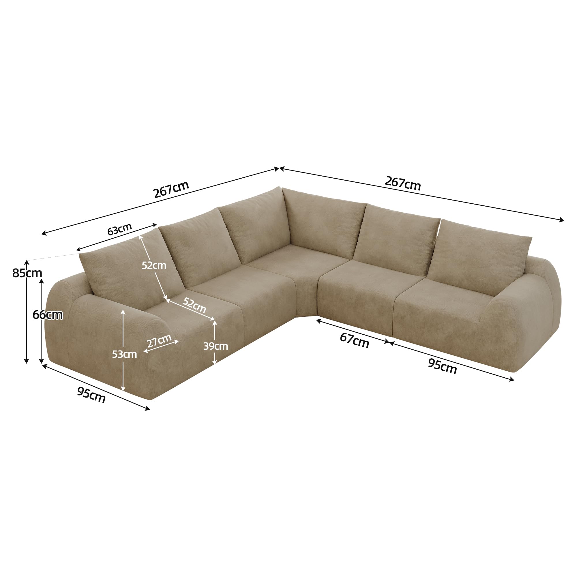 Sapgaks Canapé 5 Places 267cm,canapé d'angle en L,canapé compressé en Mousse pour Salon,Chambre,Appartement,sans Montage,Chenille,Kaki
