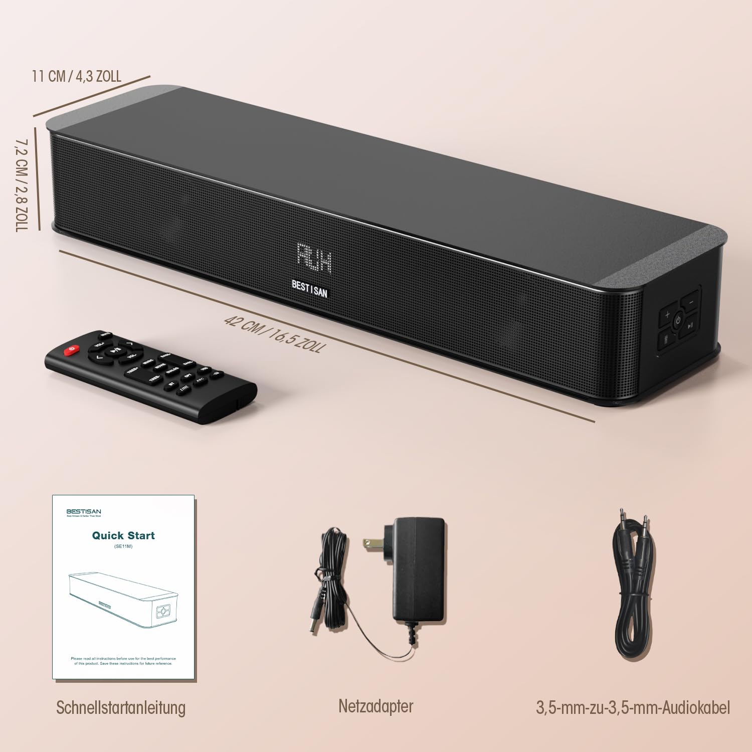 BESTISAN Soundbar für tv, 2.1 Soundbar mit HDMI eARC, AUX, optischem Eingang, USB-Wiedergabe für PC/Gaming/Projektoren, 16,5 Zoll