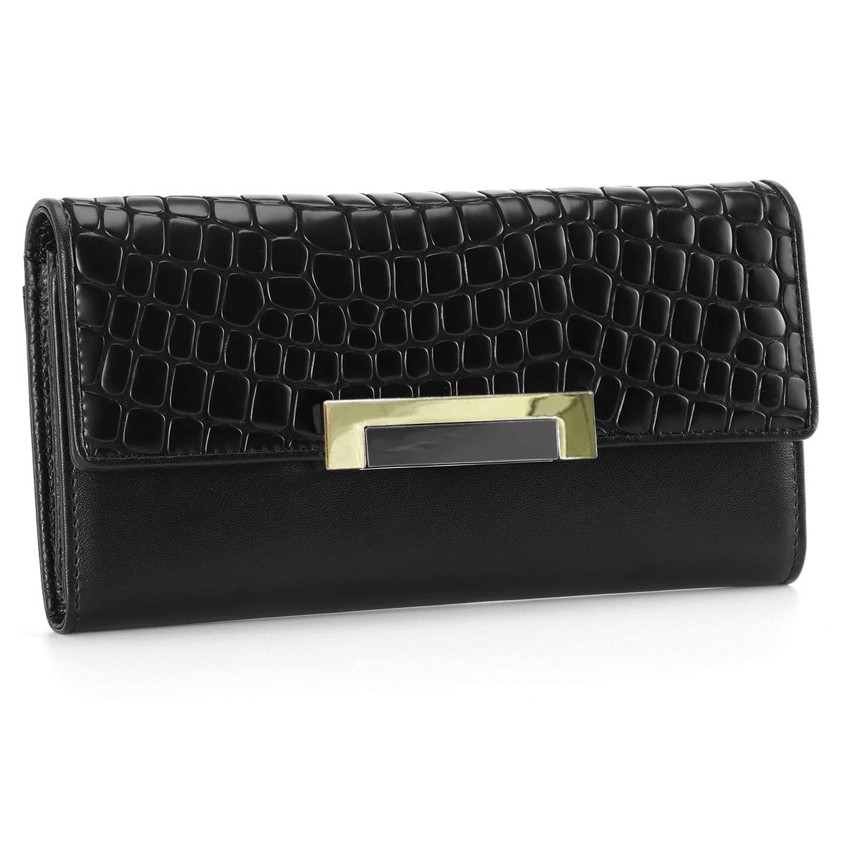 HAWEEBlack Wallet for Women Trifold Genuine Leather Minimalist Purse for Ladies Multi Card Holder Checkbook Organizer