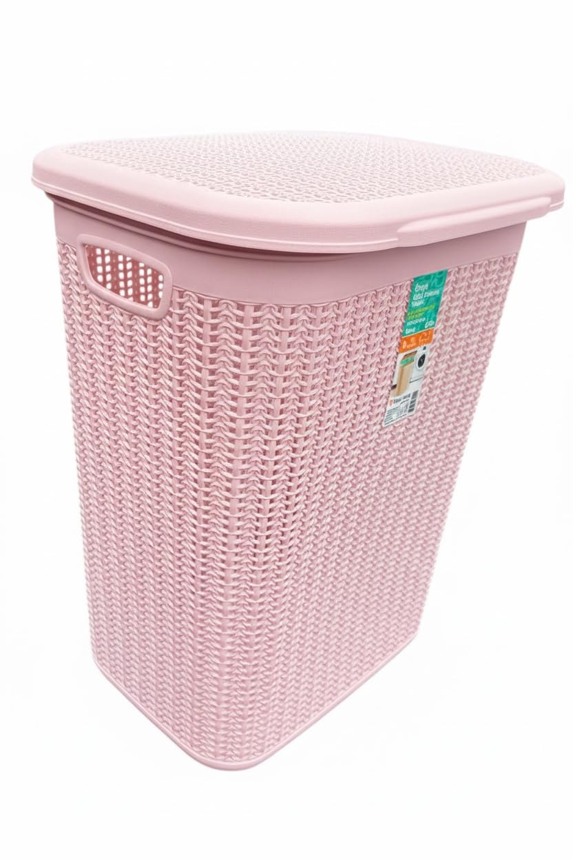 Optimal Products 50 Litre Knit Design Putty Pink 52L,50L,43L & 9L Plastic Slim Lid Bin Laundry Basket Clothes Washing Hamper Organiser Storage Container (50 Litre Knit Design Putty Pink)