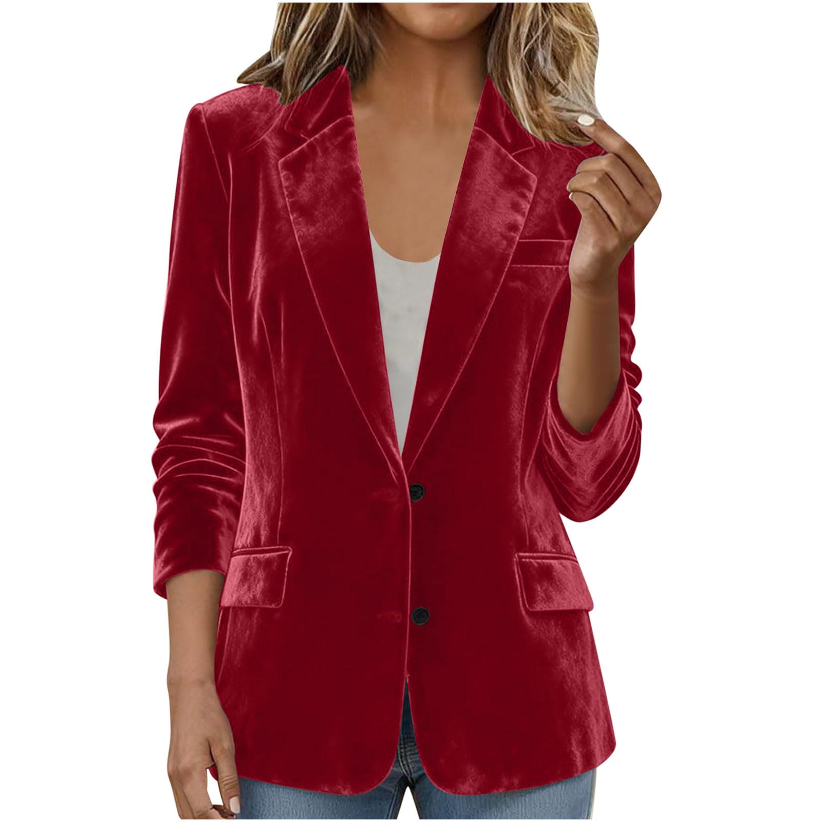 Womens Vintage Velvet Blazer Business Office Casual Blazers Notched Lapel Long Sleeve Button Open Front Jacket