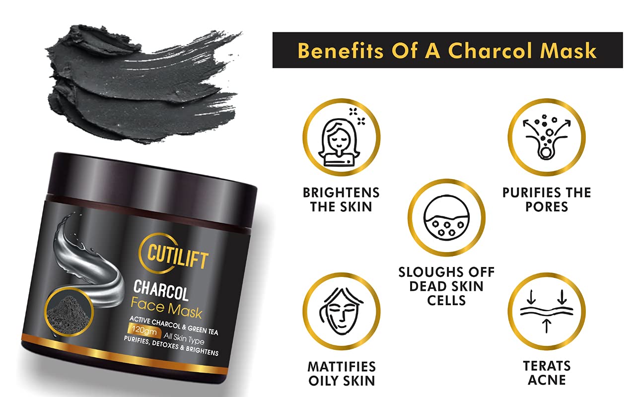 Cutilift Charcoal & Tea Tree Face Pack with Dead Sea Mud - Deep Cleansing Mud Mask for Oily & Acne Prone Skin - Pore Tightening & Blackhead Removal 120gm 2