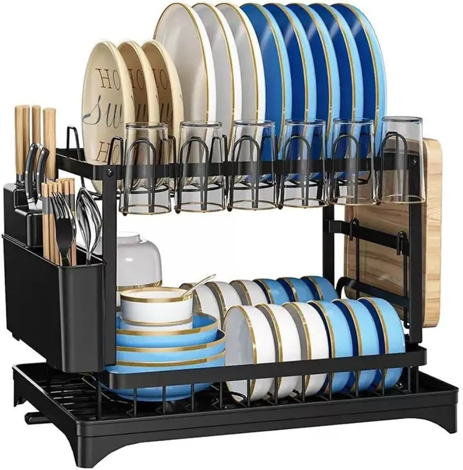 Escorredor de Louça e Pratos 2 Andares, Aço Carbono Antiferrugem - Bandeja Coletora de Água, Porta-Talheres Removível e Suporte para Tábuas - Preto Fosco Compacto para Bancada de Cozinha