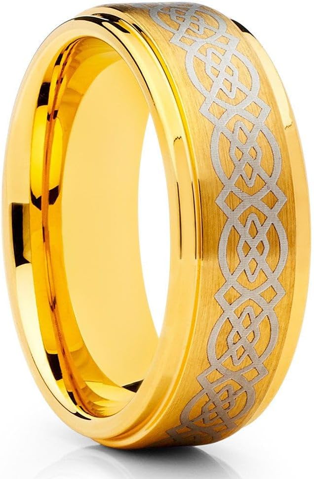 OVIEDO JEWELRY Yellow Gold Tungsten Celtic Wedding Ring, 8mm Wedding, Anniversary & Engagement Comfort Fit Ring, Unique Style Man or Women Brush Tungsten Carbide Jewelry