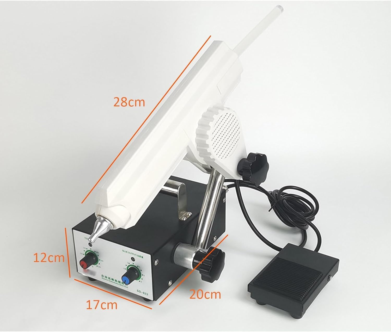 Elektryczny pistolet do klejenia na gorąco z pedałem żnym, 400 W, dysza 2,6 mm, 125 sztyftów kleju, regulowana temperatura i kąt, do pakowania. Dla majsterkowiczów i profesjonalistów.