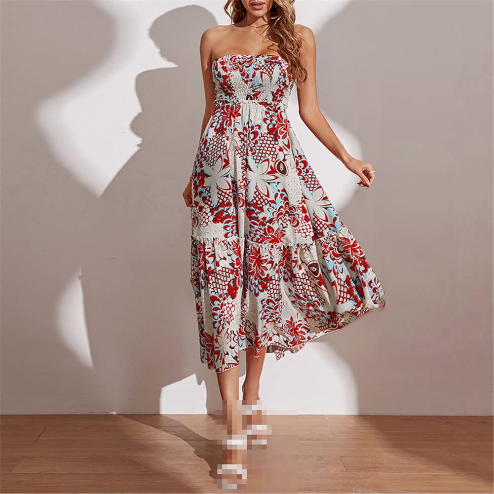 Vsadsau Vestido largo de verano para mujer, ajustado, sin mangas, estampado floral, vestido midi para fiesta de playa
