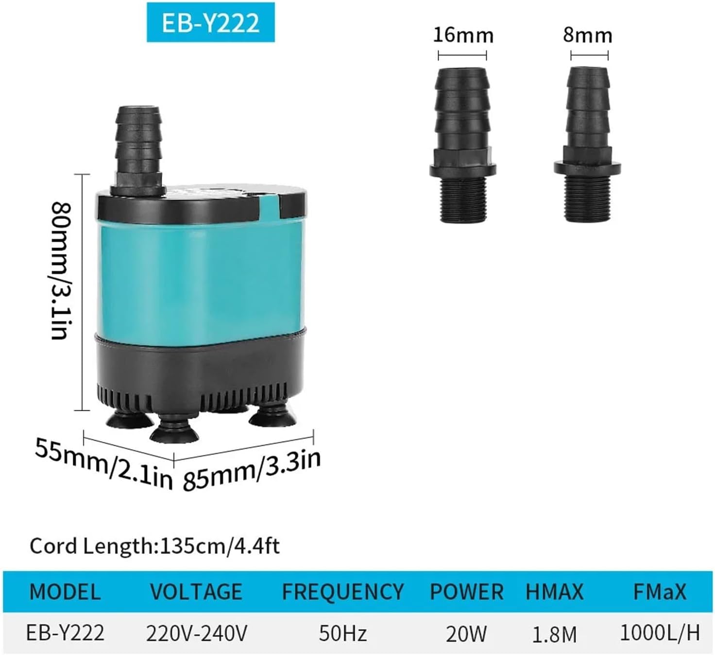 Ultra-quiet submersible circulation pump 220V Submersible Water Pump For Aquarium Fountain Fish Tank Garden FountainWaterfall Home(EB-Y222 20W)