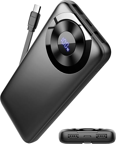 Banco de energía de 10000 mAh, cargador portátil con cable integrado de carga de alta velocidad de 5 V3 A, 4 salidas y 2 entradas, pantalla LED