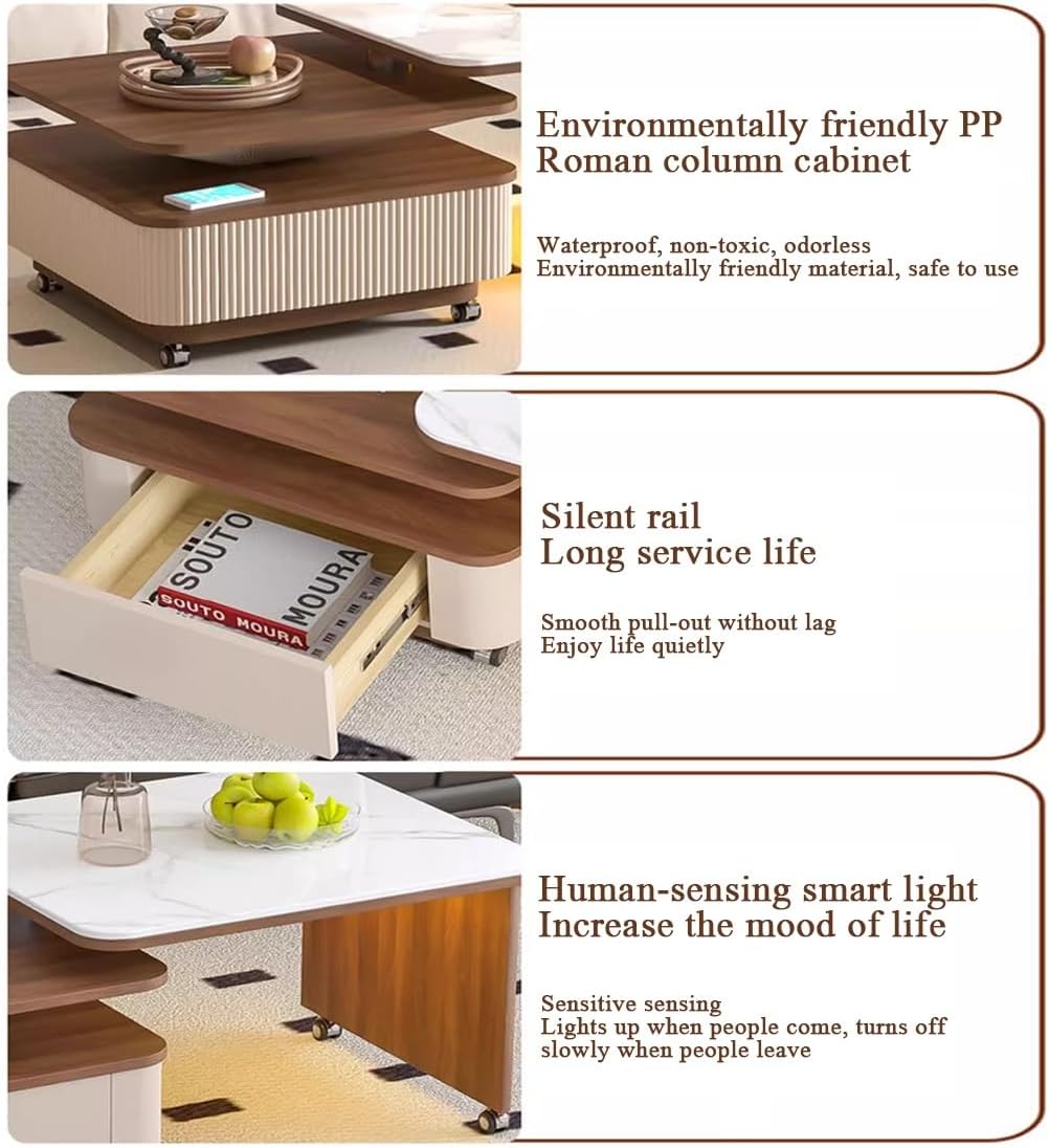 LED Nesting Coffee Tea Table Square Side Table Set of 2 End Tables, Low Center Eating Table for Living Room Bedroom Balcony, Wooden Stacking Couch Accent Coffee Tables with Storage Drawers(Gray,60+70C