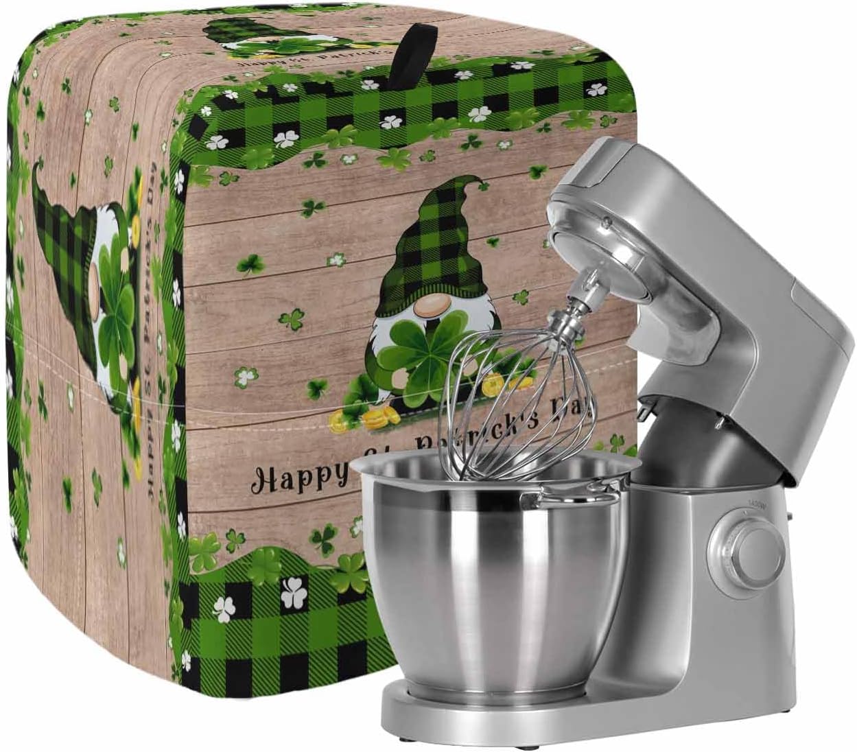 St. Patrick's Day Stand Mixer Cover with Storage Pocket, Waterproof Kitchen Mixer Covers, Green Shamrocks Gnomes Plaid Wood Kitchen Appliance Dust Cover Compatible with 5-8 Quart Mixers