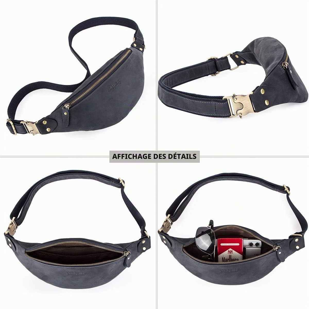 Sac Banane en Cuir véritable pour Homme - Sac Banane Multifonction avec Fermeture éclair, Bleu foncé, Einheitsgröße, Valise