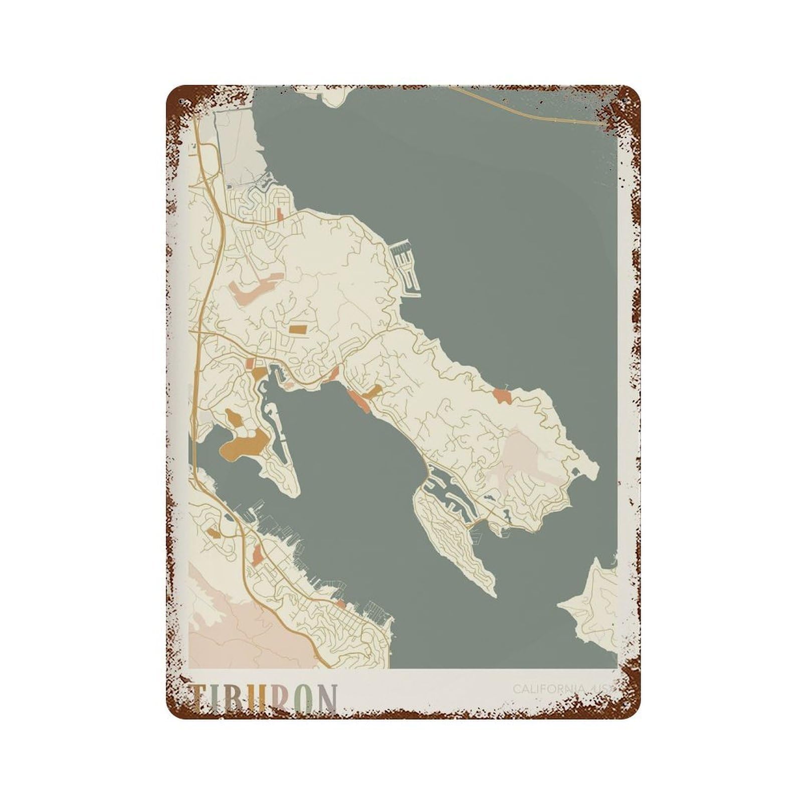 xiaoxiaoshen Tiburon Map California Travel Gift Boho Wall Decor Art Metal Tin Poster Modern Home Decor Art Home Bar Shop Decorations Vintage Sign 40x30cm