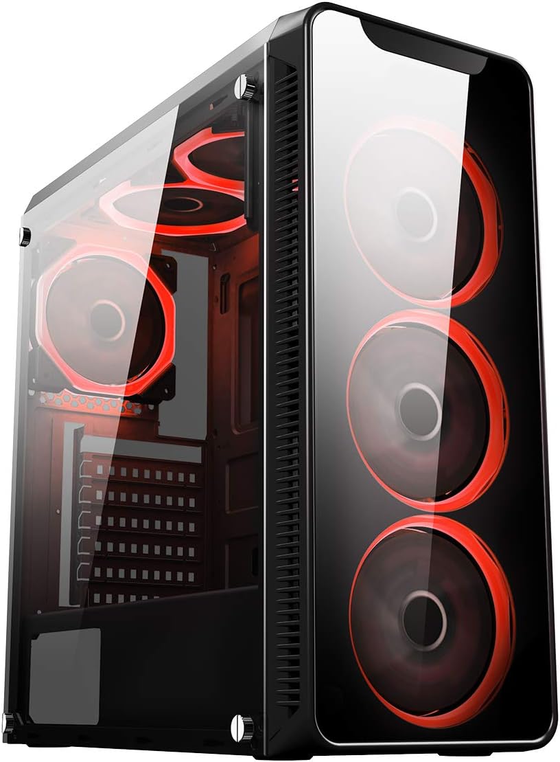 CiT CIT-Blaze-RED Gaming Case with 6 x Single Ring Red Fans Tempered Glass Side Window - Black