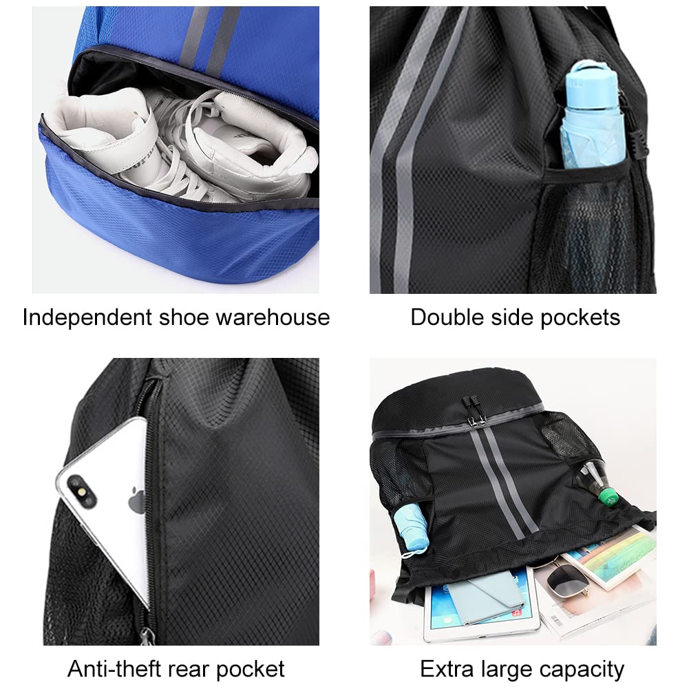 Veki Sac à Dos avec Cordon pour Homme Femme, Sac de Sport avec Compartiment Chaussures et Poche Humide, Bleu