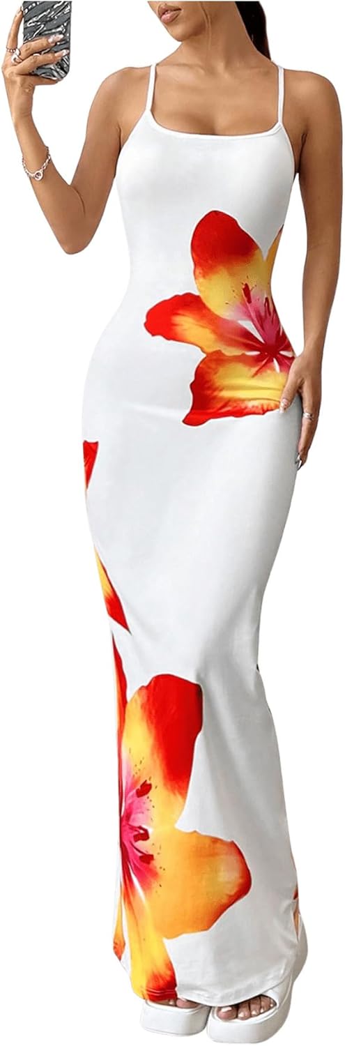 White floral bodycon maxi dress perfect for summer wear