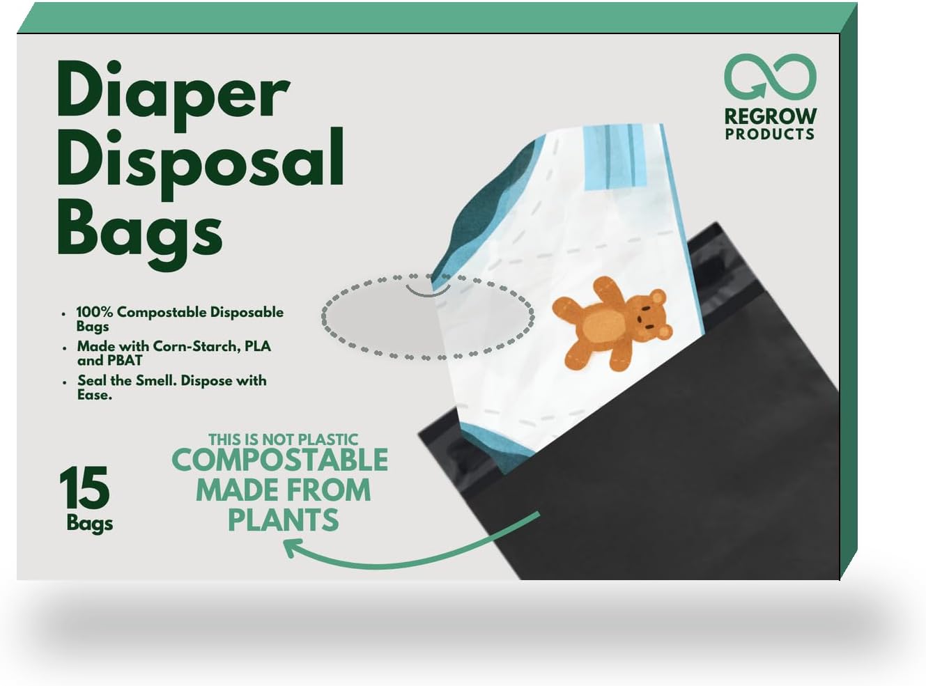 Regrow Diaper Disposal Bags, Unscented, 15 Count - 100% Compostable Diaper Sacks for Dirty Diapers, Certified to ASTM D6400, Odor-Lock Seal, Leak-Proof, Plant-Based, Travel Wallet Pack