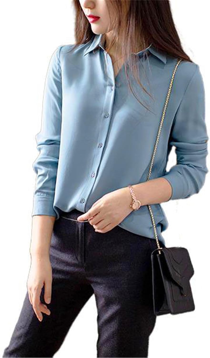 Womens Boutton Down Shirt Long Sleeve Silk Autumn Winter Shirt for Lady