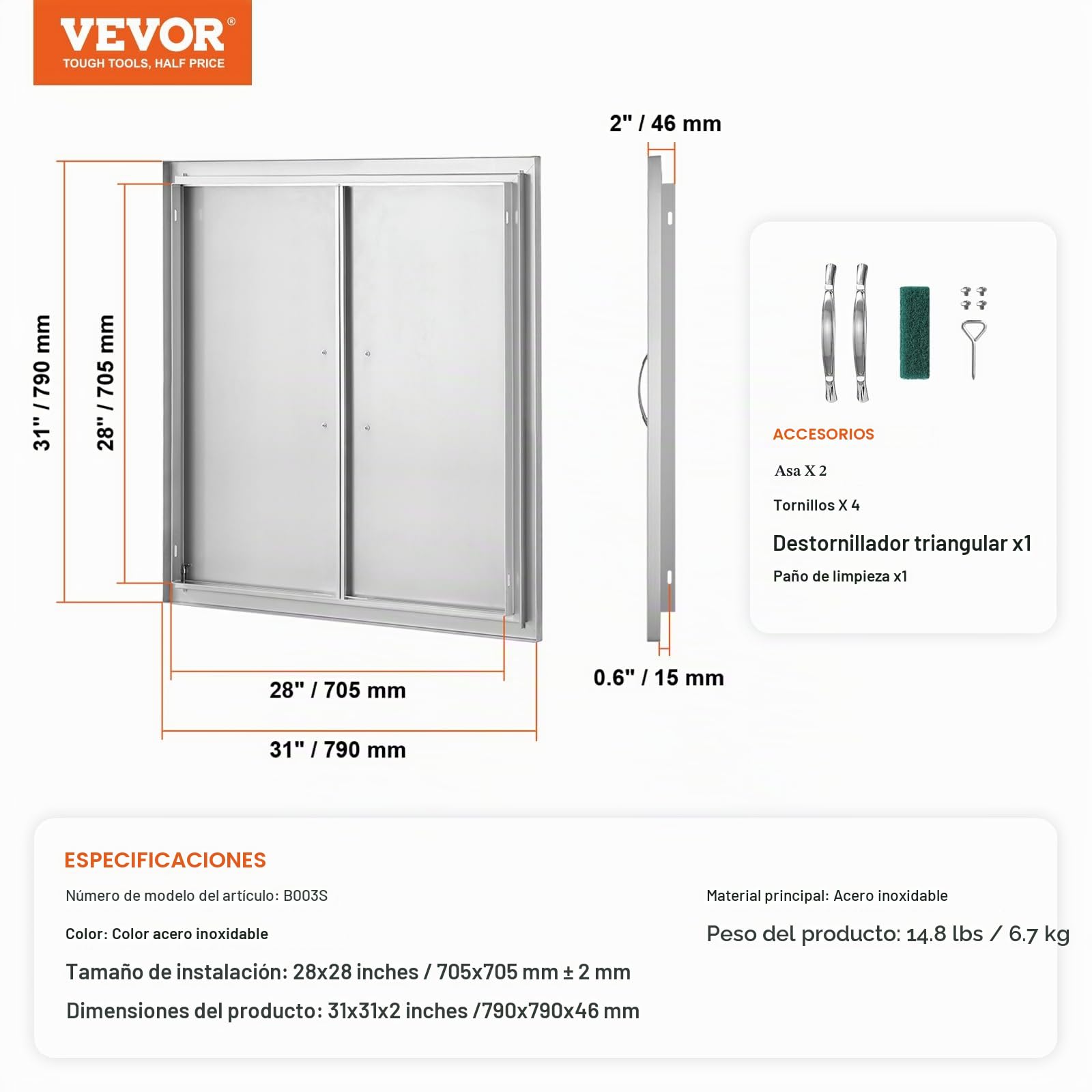 VEVOR Puerta de Acceso a Barbacoa 790 x 790 x 46 mm Puerta de Cocina Exterior Doble Puerta Empotrada de Acero Inoxidable con Manija para Isla de Barbacoa, Estación de Parrilla, Armario Exterior