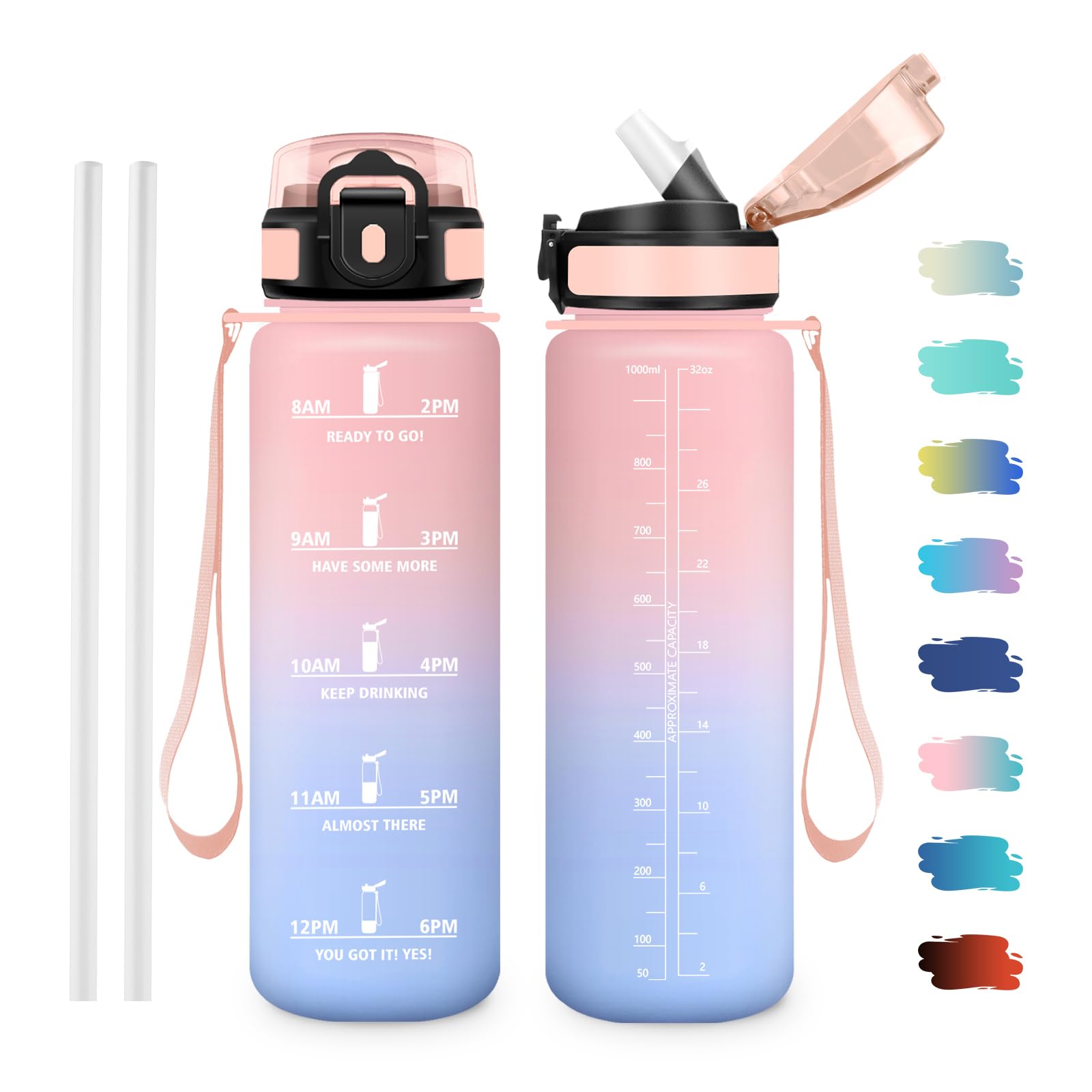 JAPORIA 1L Water Bottle, Sports Water Bottles with Time Markers, Water Bottle with Straw, BPA Free Bottle for School, Office