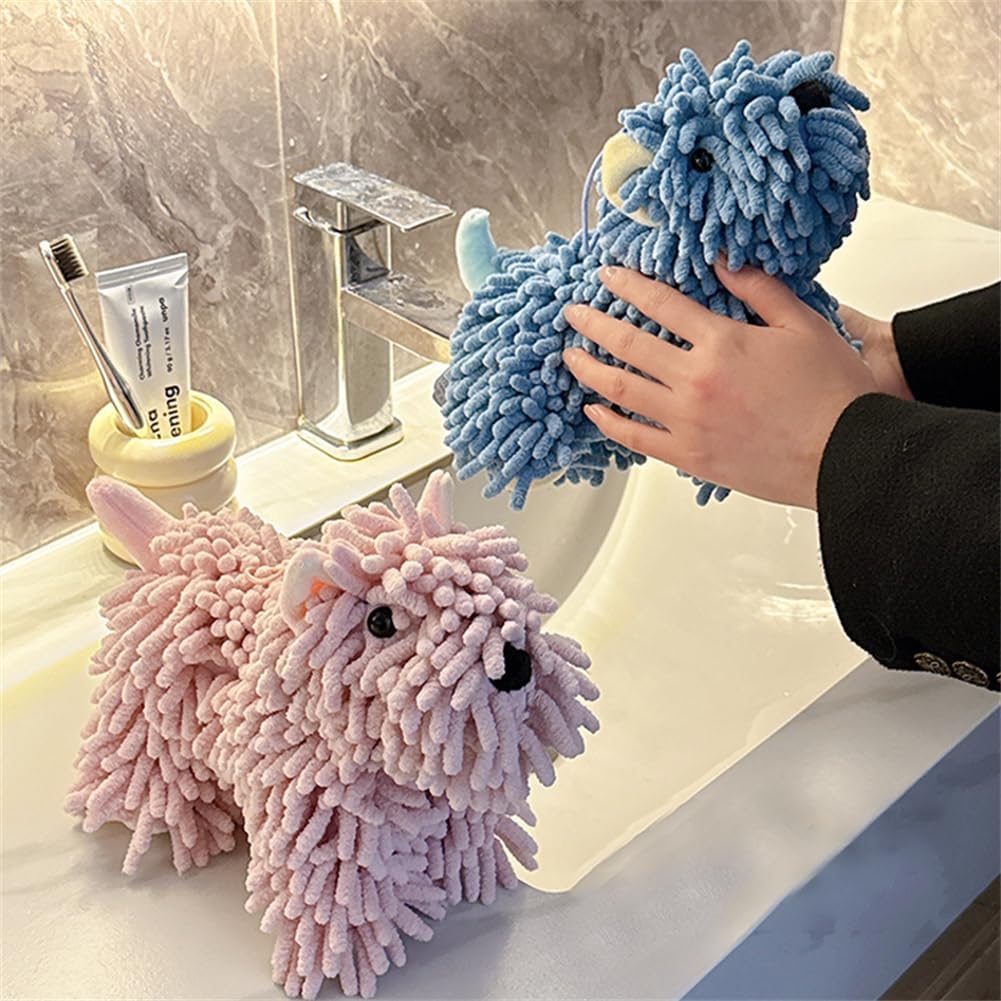 Chenille Hand Towel - Cute Cartoon Dog Plush Fuzzy Ball Hand Towel, Super Absorbent Hanging Kitchen & Bathroom Towels for Kids, Soft Hand Drying Puff for Bath, Washstand (White)