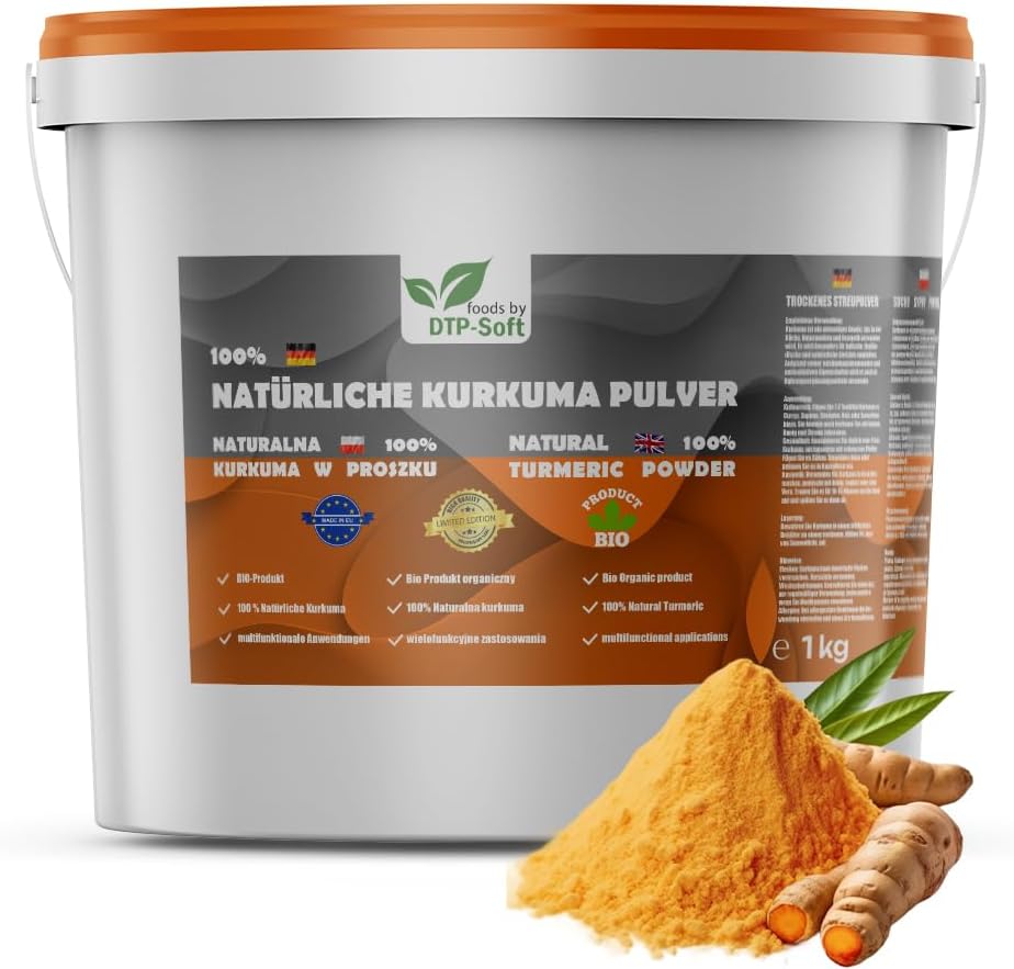 Natuurlijk kurkuma in emmer, 1 kg, 1000 g kurkumapoeder, vers en aromatisch, kurkumapoeder, superfood voor gerechten en smoothies