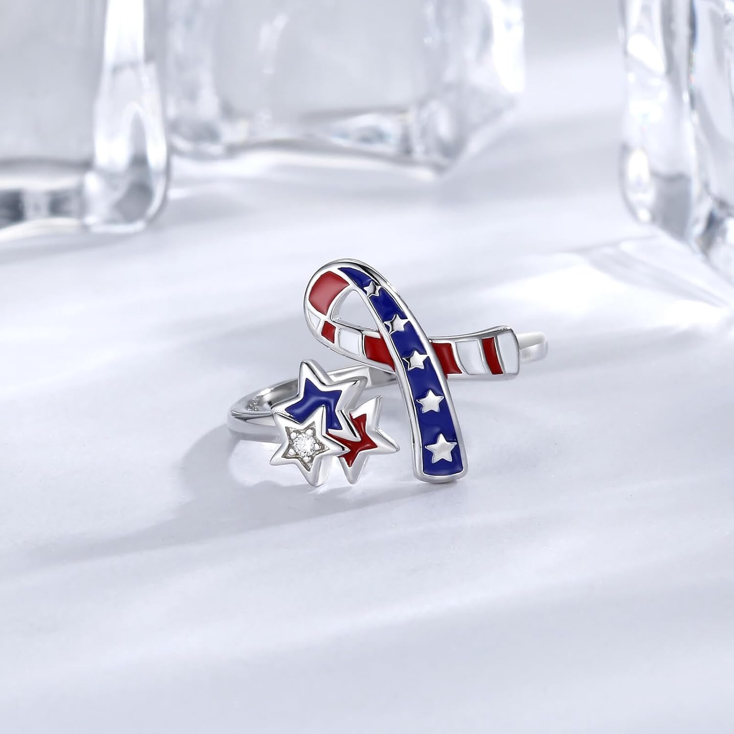 American Flag Patriotic Ring 925 Sterling Silver USA Flag Red White Blue America Fourth of July 4th Independence Day Jewelry Gifts for Women