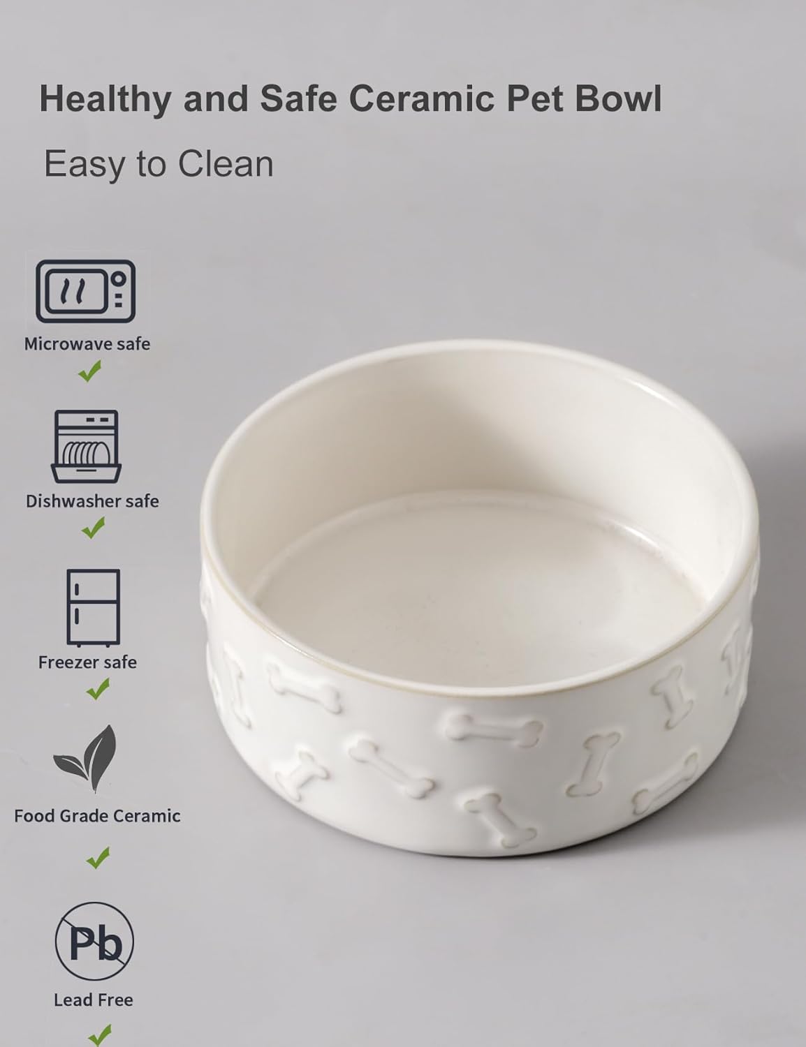 UBEE Ceramic Dog Bowl Set of 2, Dog Food Bowl Dish, Pet Food Water Dish Feeding for Small and Meidum Dogs and Large Cat, White, Paw + Bone Pattern, 6.1 in-Medium