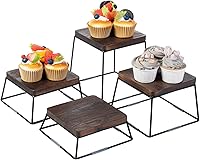 Vista 8 de MyGift Juego de exhibición de mesa de postre, 4 elevadores de alimentos, elevadores de bufé de madera marrón, soporte para pizza con base de alambre