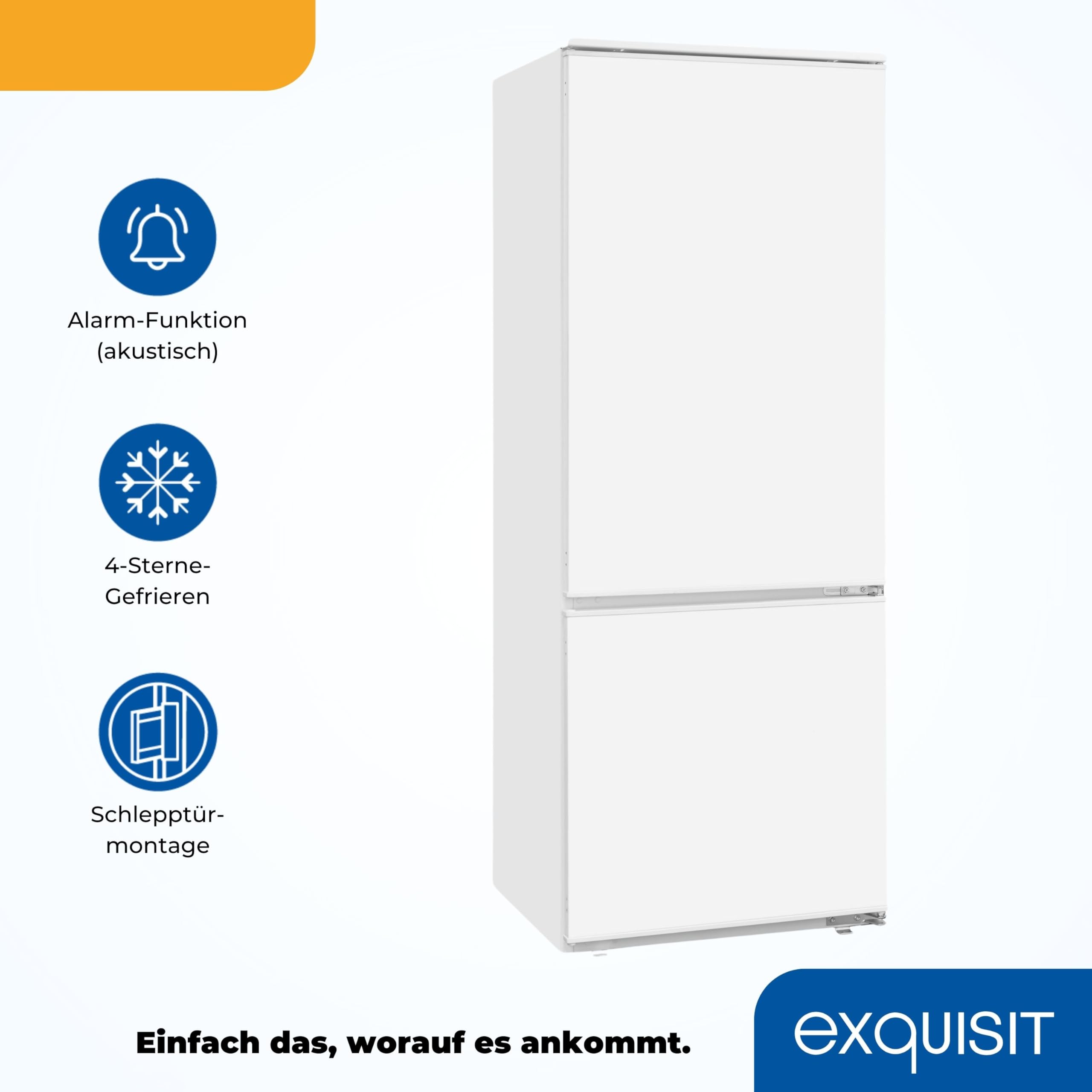 Exquisit Einbau-Kühl-Gefrierkombination 212 L, 145 cm, Klasse E | Schlepptürmontage für nahtlose Küchenintegration – 4-Sterne-Gefrierfach, 39 dB, ideal für 3–4 Personen