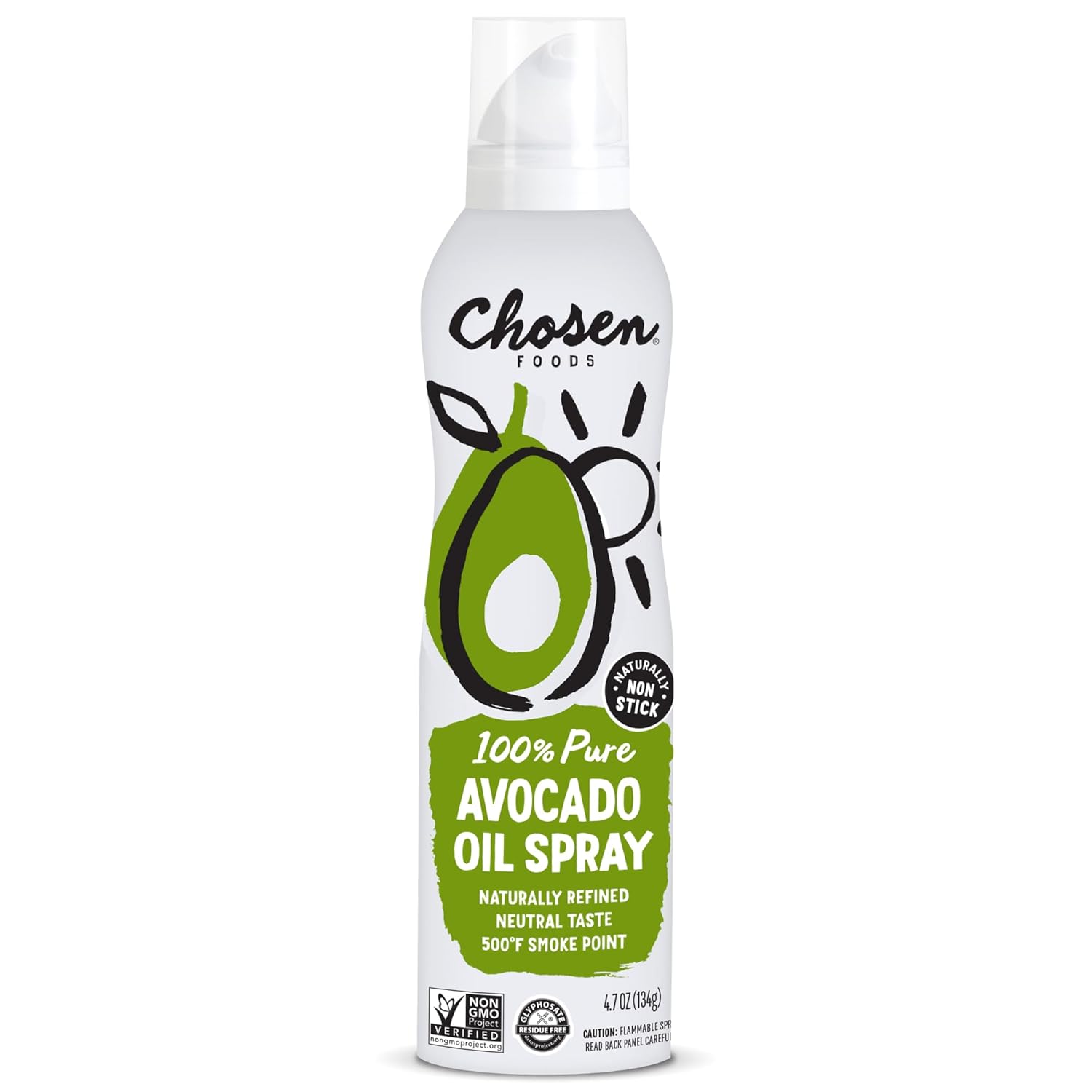 Chosen Foods 100% Pure Avocado Oil Spray 4.7oz - Non-GMO, Propellant-Free, 500°F Smoke Point for High-Heat Frying & Baking