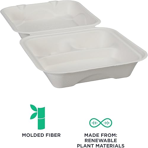 Miniatura 6 de Eco-Products Renovable & Compostable Vanguard White Sugar Cane Clamshells, 8x8x3in, 3-Compt, caja de 200 Sin PFAS producto agregado  BPI & ASTM