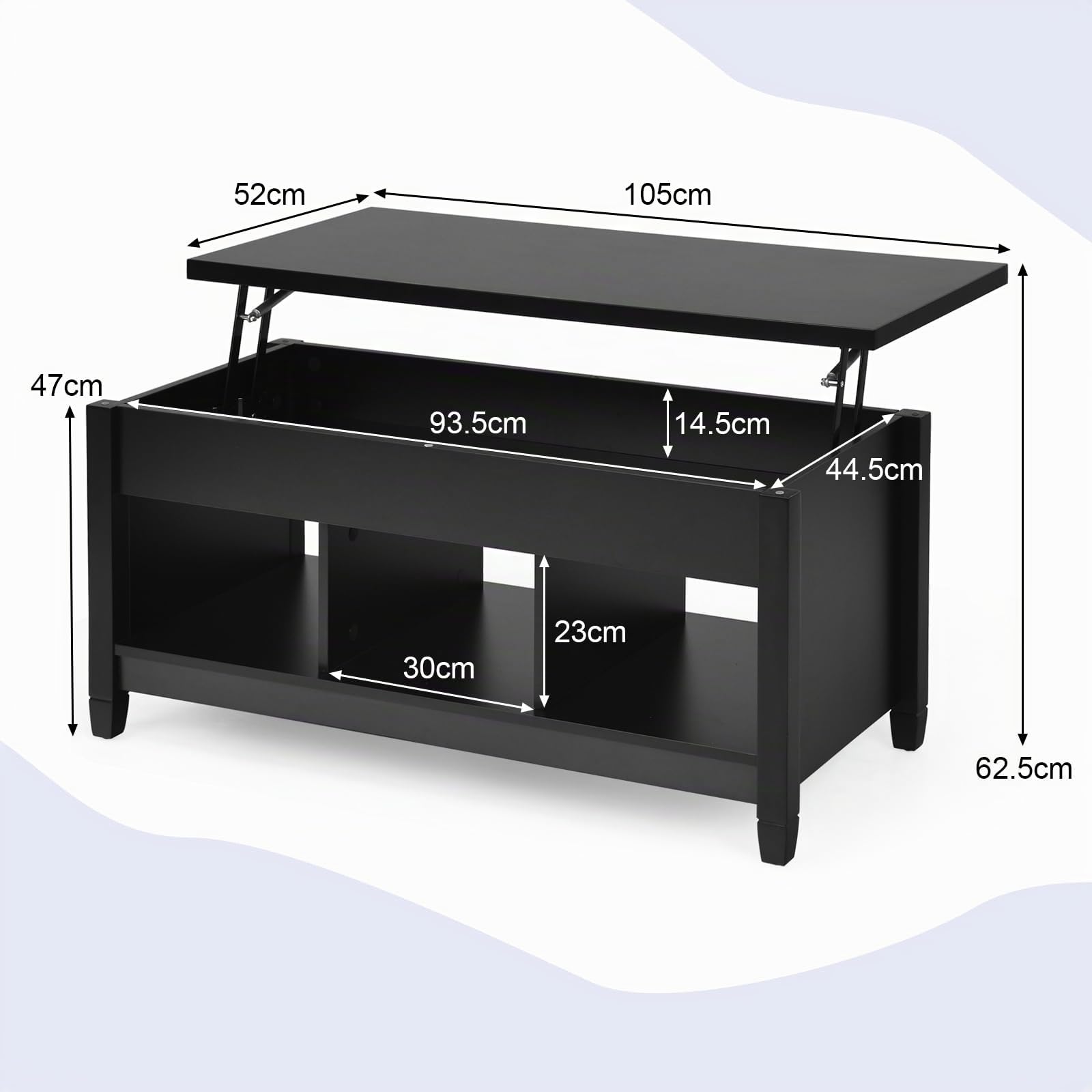 GOPLUS Mesa de Centro Elevable, Mesa Baja Café con Compartimento Oculto y 3 Compartimentos de Almacenamiento, Decorativo para Salón y Oficina (105x52x63 cm, Negro)