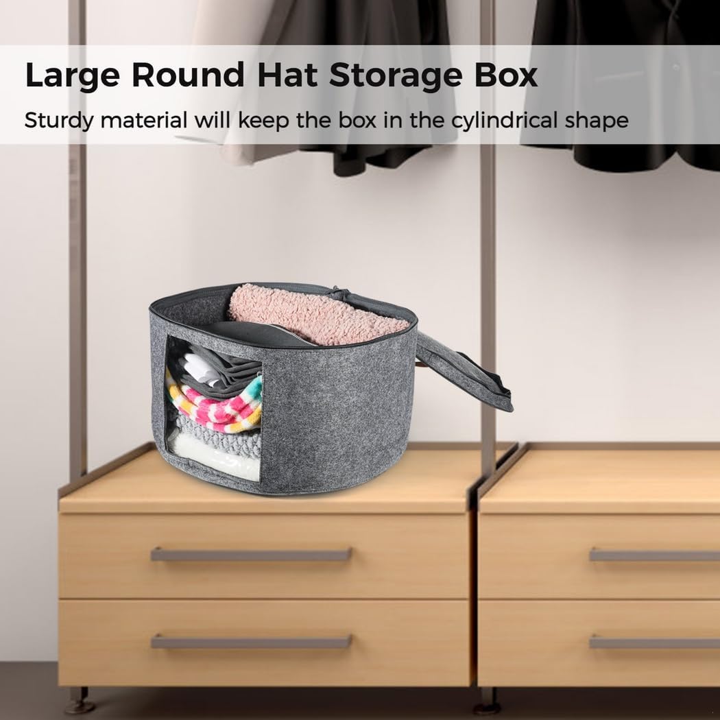 43Cm×25.5Cm Felt Hat Organizer With Handle And Clear Window, Large Round Storage Box For Hats And Travel Accessories