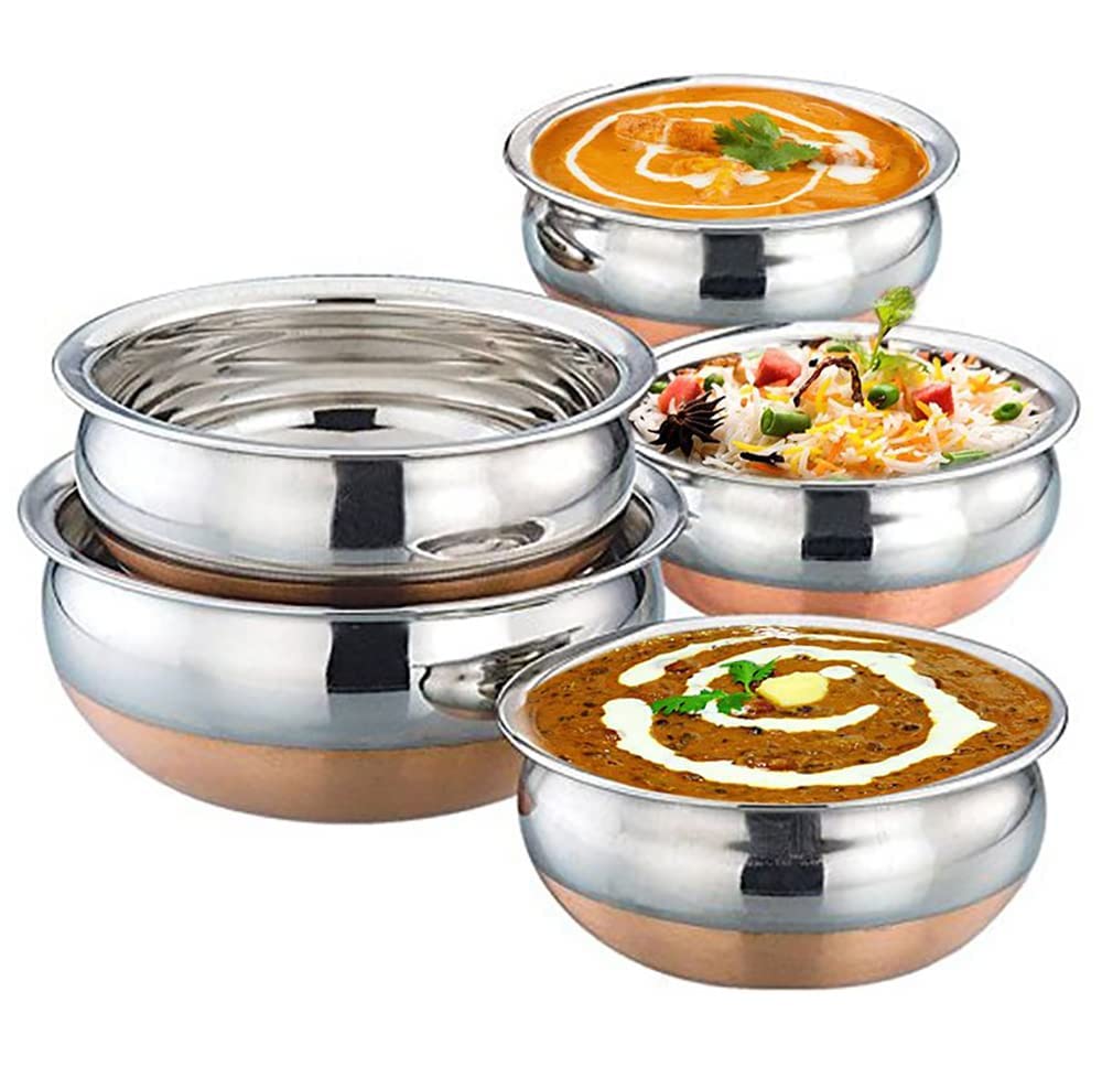 Stainless Steel Copper Bottom Handi Set/biryani Handi/Vessel or tapeli for Cooking & Serving, Cookware Set – Capacity : 350ml, 500ml, 750ml, 1100ml, and 1500ml- 5 Pieces Stainless Steel Copper Bottom Handi Set/biryani Handi/Vessel or tapeli for Cooking & Serving, Cookware Set – Capacity : 350ml, 500ml, 750ml, 1100ml, and 1500ml- 5 Pieces