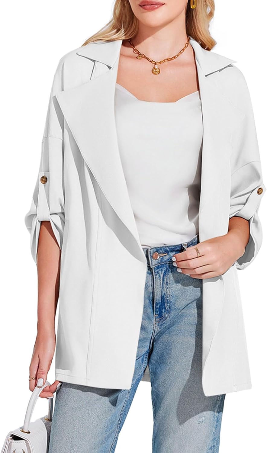 Onedreamer Women’s Long Sleeve Roll Up Open Front Casual Jackets Trendy Lapel Collar Lightweight Blazer with Pockets