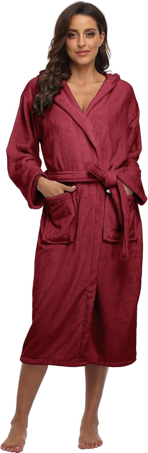 season dressing Women’s Plush Fleece Robe Cozy Warm Soft Bathrobe Long Hooded House Coat Winter Shower Spa Robe with Pockets - Image 2