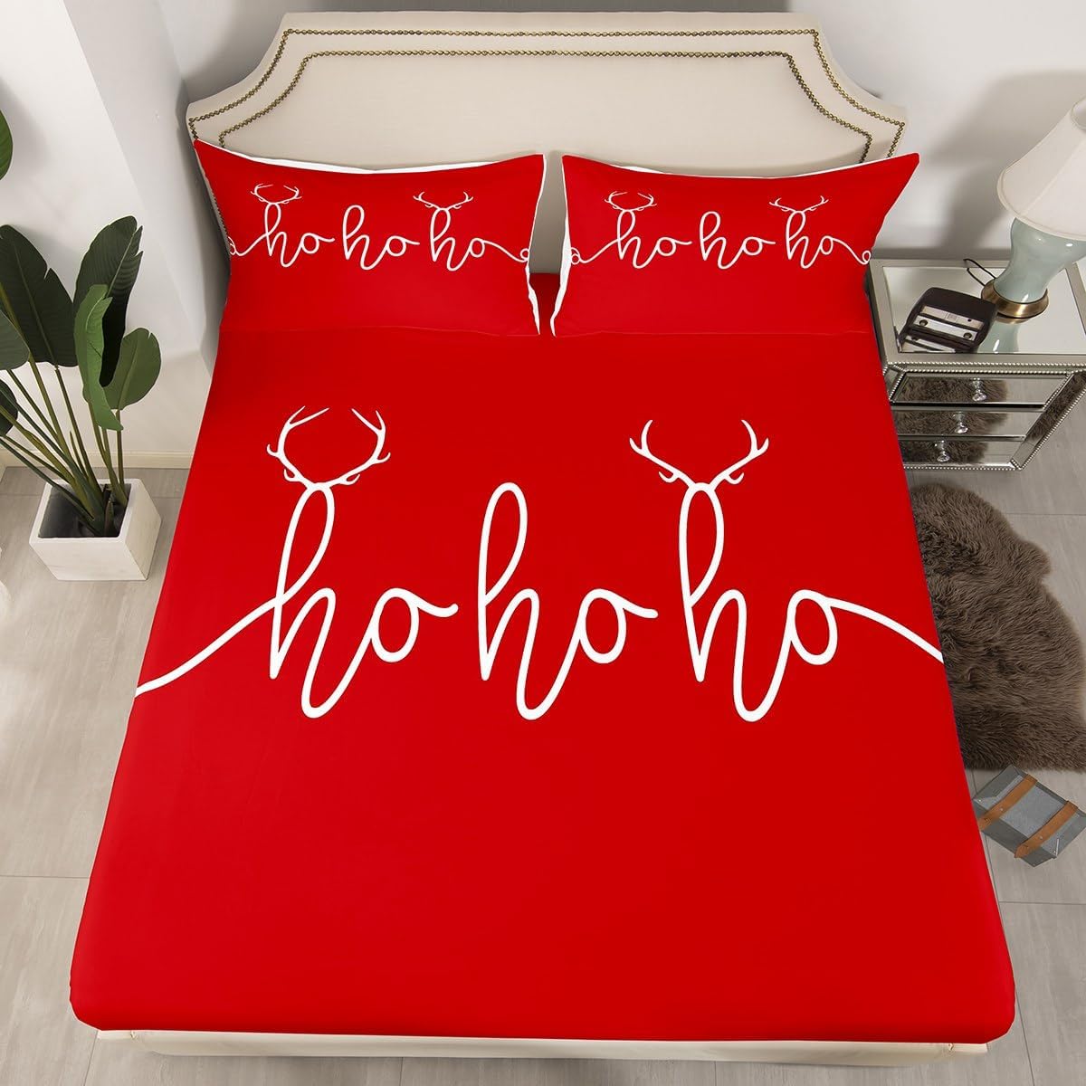 Erosebridal Merry Christmas Bed Sheets Set Full, Hohoho Sheet Set, Antler Santa Claus Christmas Xmas Sheets, New Year Slogan Bedroom Decor Winter Red White Modern Art Flat Fitted Sheet